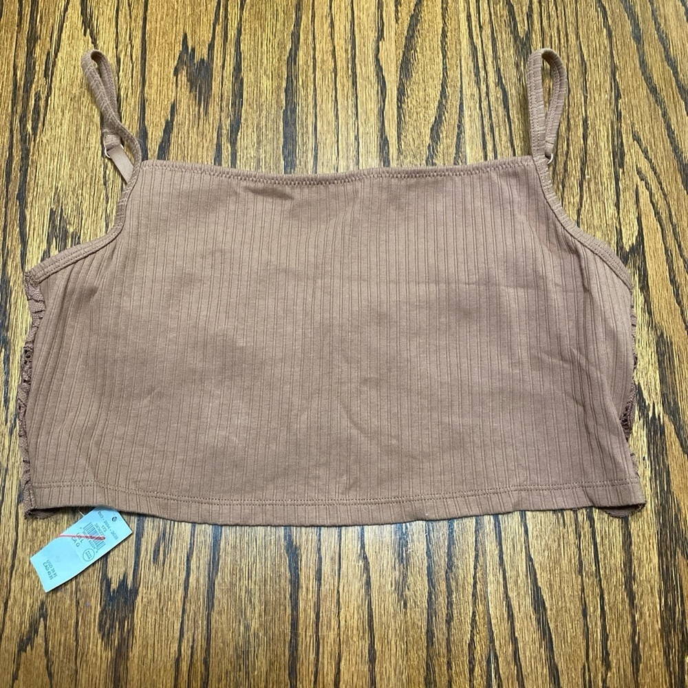 Aerie Womens Large Brown Ribbed Pull On Bralette Lace Back Shelf Bra NWT